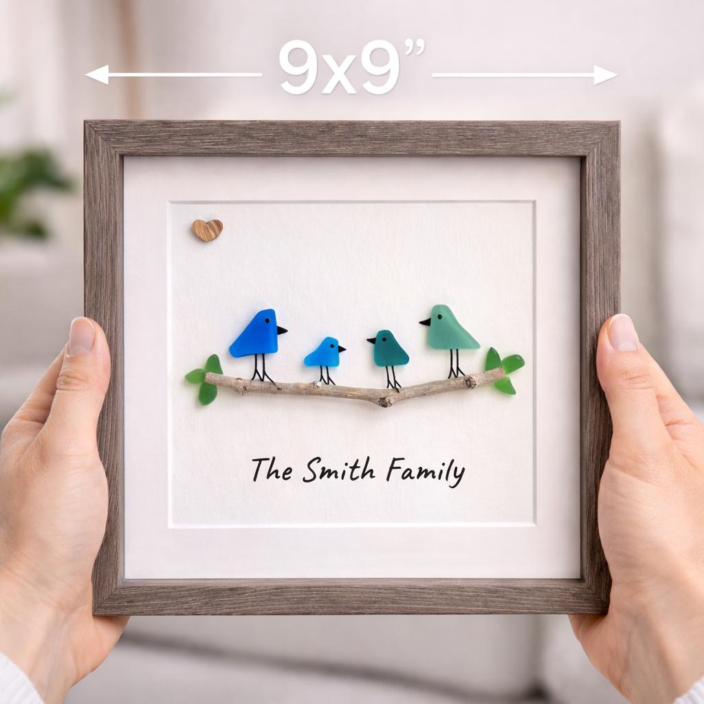 Personalized Sea Glass Bird Family Picture, Family of 3, 4, 5 or 6, 8x8 Framed Wall Art
