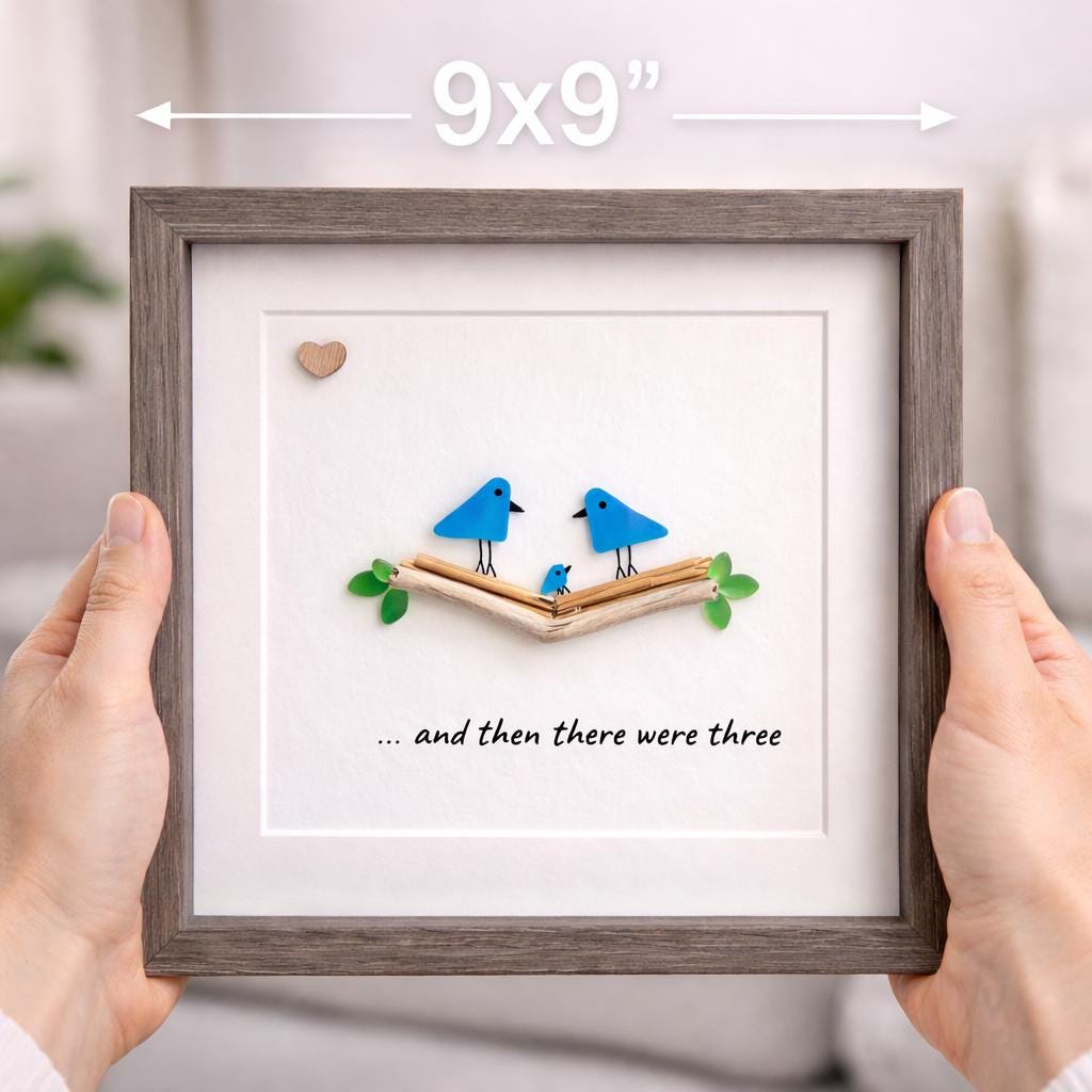 Sea Glass Bird Family Art, Personalized New Baby Gift, 8x8 Framed