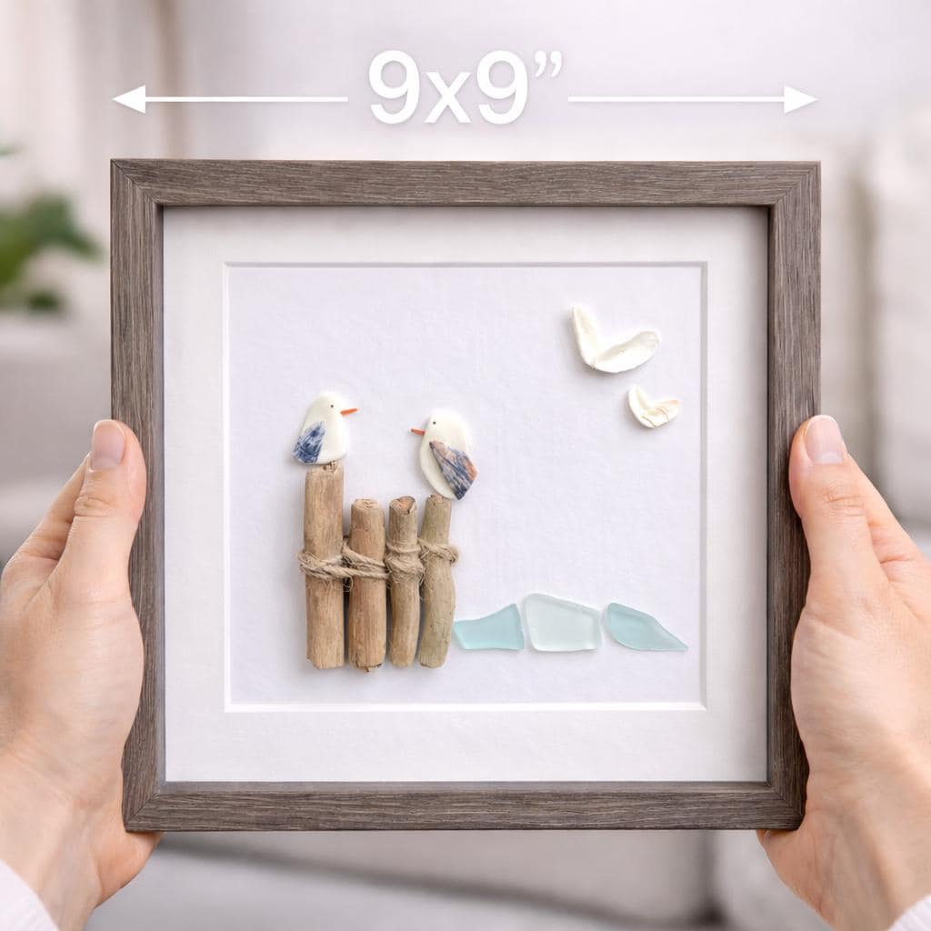 Seagulls at the Beach | Seagulls on Pylons | Decor for Beach House | Lake House | Dock Art | 8x8 Sea Glass and Driftwood Art