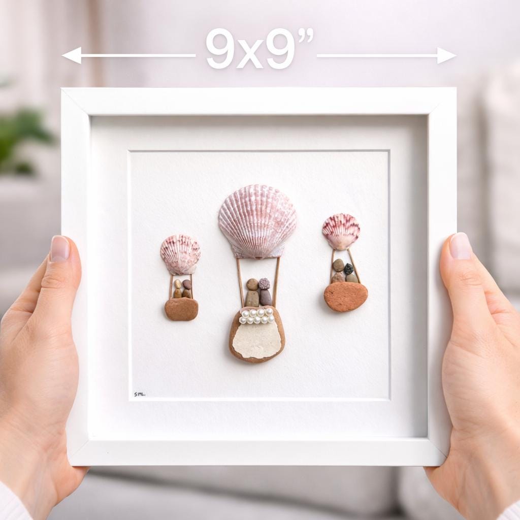 Hot Air Balloon | Picture of 3 Balloons Made From Shells, Pebbles, Glass | Natural Art | Upcycled | 8x8 Pebble, Sea Glass and Ceramic Art