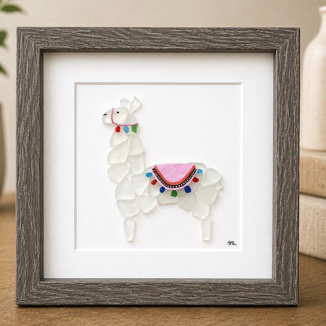 Sea Glass Llama Art | Framed Colorful Alpaca Picture (9x9)