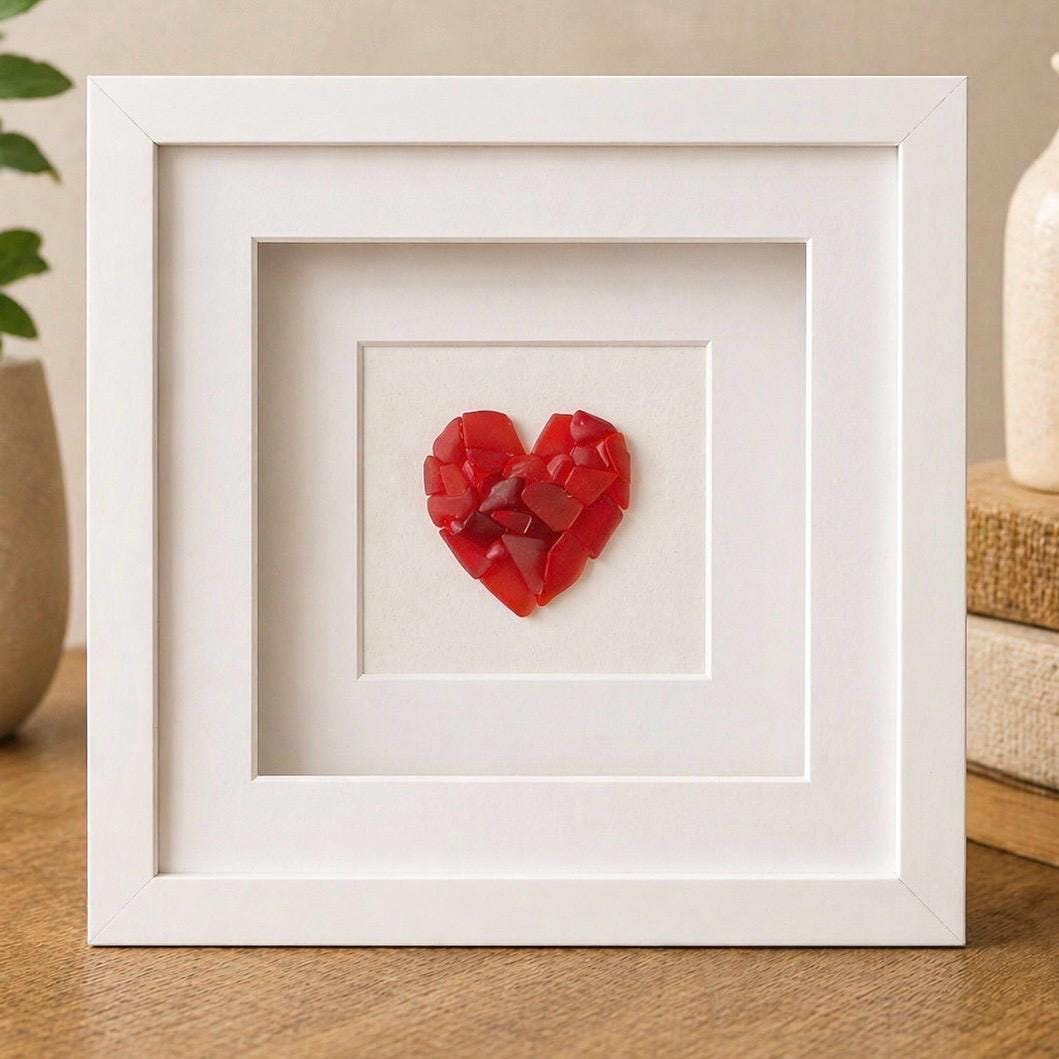 Red Sea Glass Heart, Framed Mosaic Art, Anniversary & Valentines Day