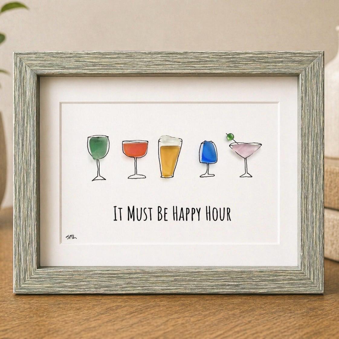 Happy Hour Sea Glass Art, Cocktail Wall Decor, Bar Cart Decor, Framed Drink Art, Kitchen Bar Sign, Housewarming Gift, Gift for Friend