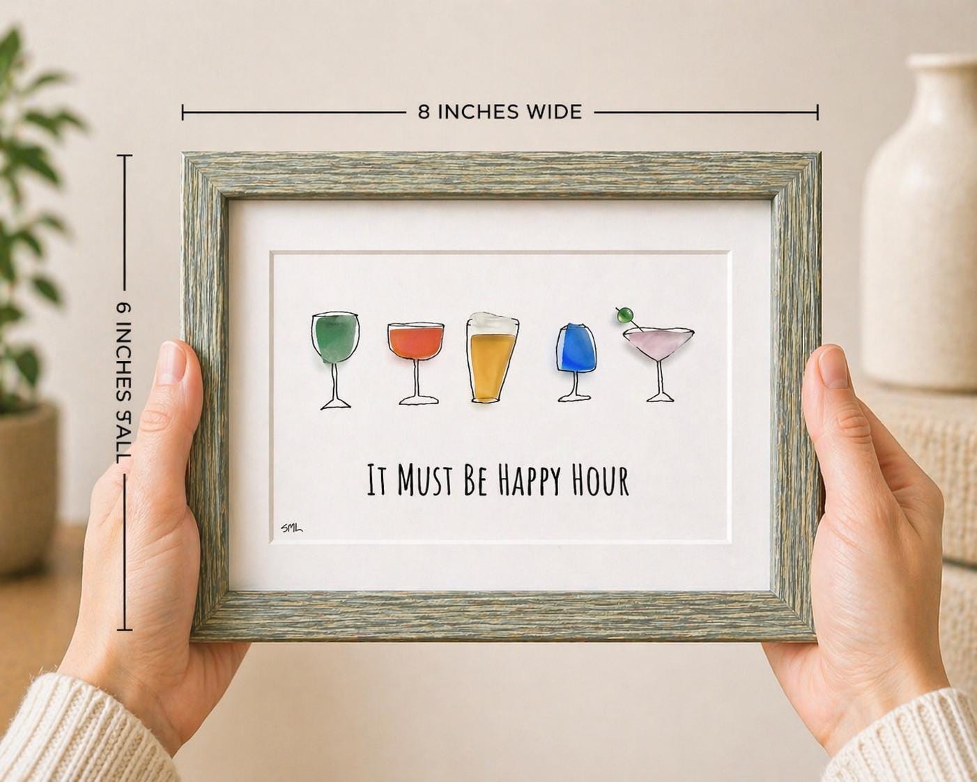 Happy Hour Sea Glass Art, Cocktail Wall Decor, Bar Cart Decor, Framed Drink Art, Kitchen Bar Sign, Housewarming Gift, Gift for Friend