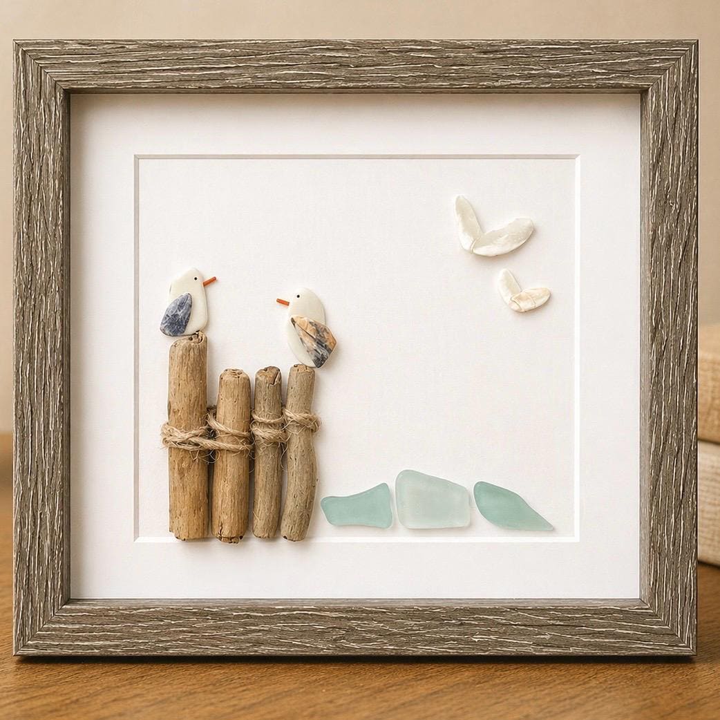 Seagull Sea Glass Pebble Art, Driftwood Beach House Decor, Framed Coastal Artwork