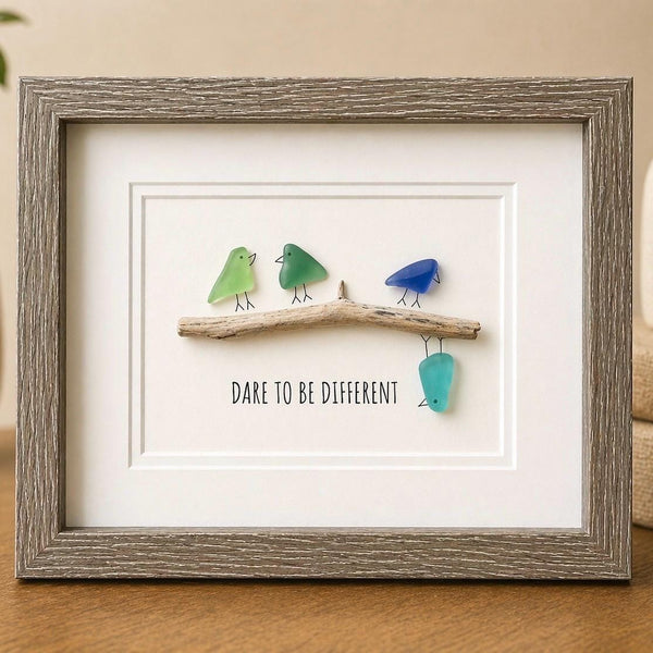 Dare To Be Different Inspirational Sea Glass Art, 8x10 Framed Original Artwork, Gift for Friend or Family