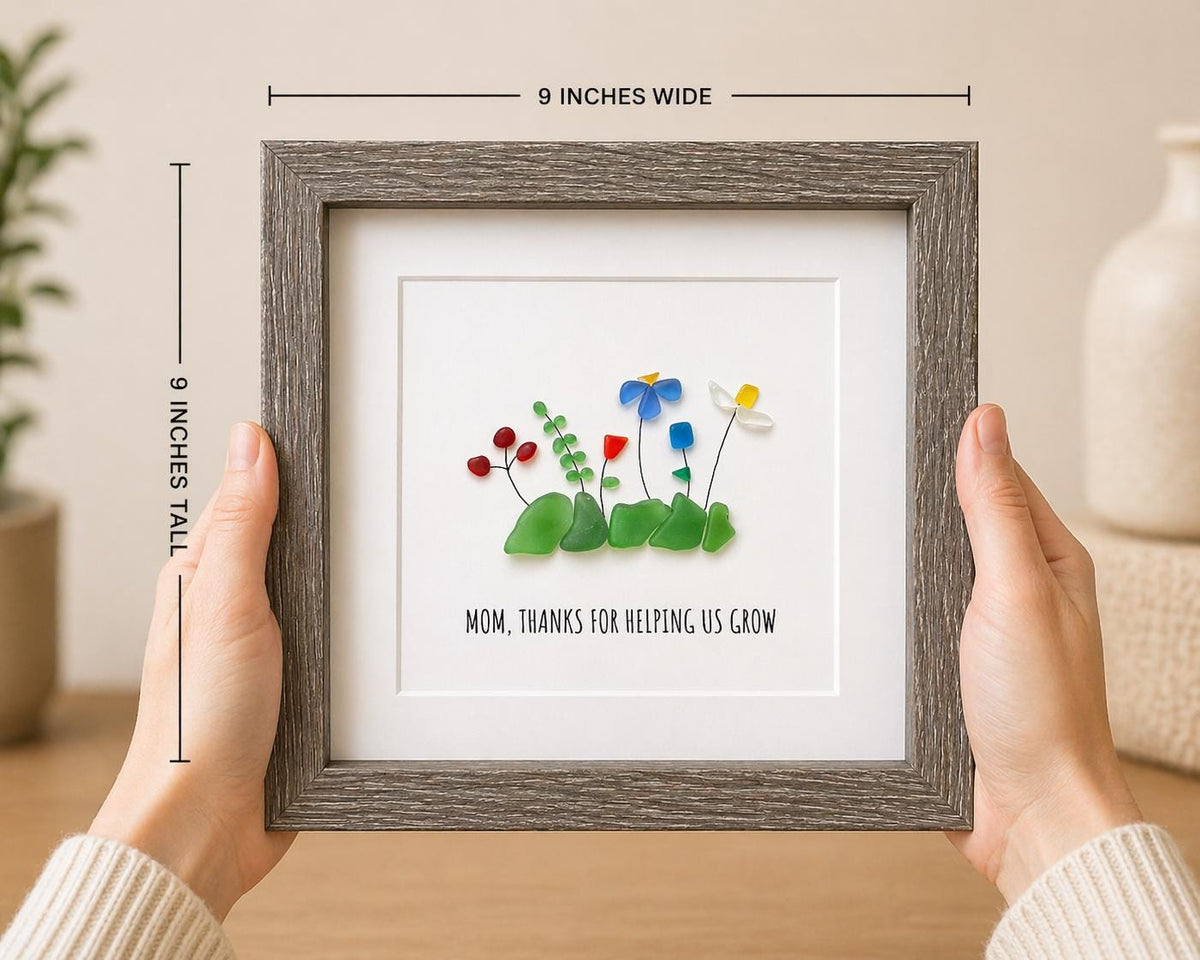Mother’s Day Sea Glass Flowers, Framed 9x9 Picture, Unique Gift for Mom, Personalized Mother's Day Gift