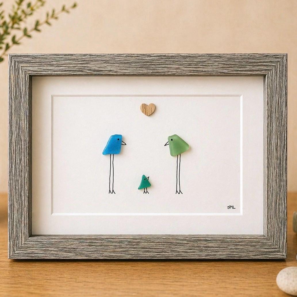 Family of 3 Sea Glass Birds, 6x8" Framed Handmade Picture