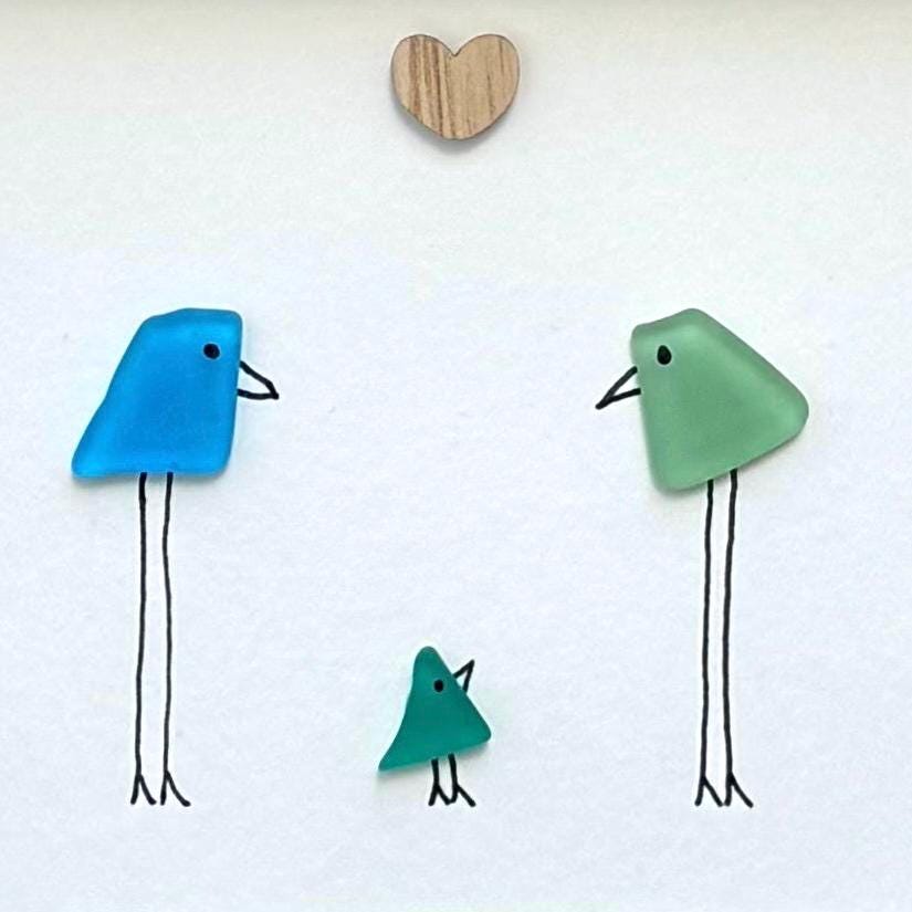 Family of 3 Sea Glass Birds, 6x8" Framed Handmade Picture