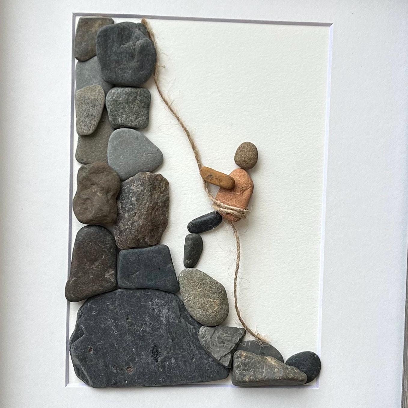 Rock Climbing Pebble Art, 8x10 Framed Original Artwork, Perfect Gift for Rock Climber / Rappelling Art