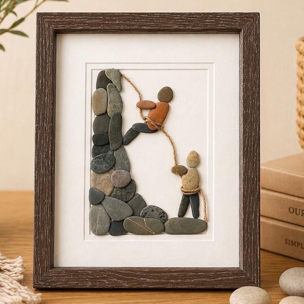 Rock Climbing Pebble Art, 8x10 Framed Original Artwork, Perfect Gift for Rock Climber / Rappelling Art