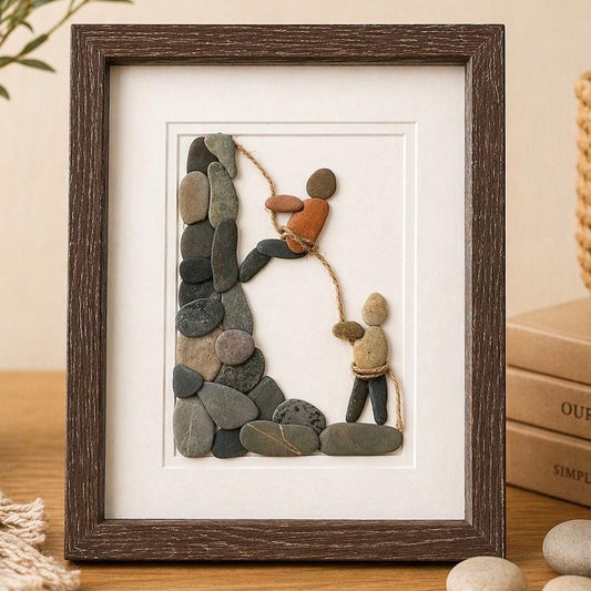 Rock Climbing Pebble Art With Two Climbers; 8x10 Framed