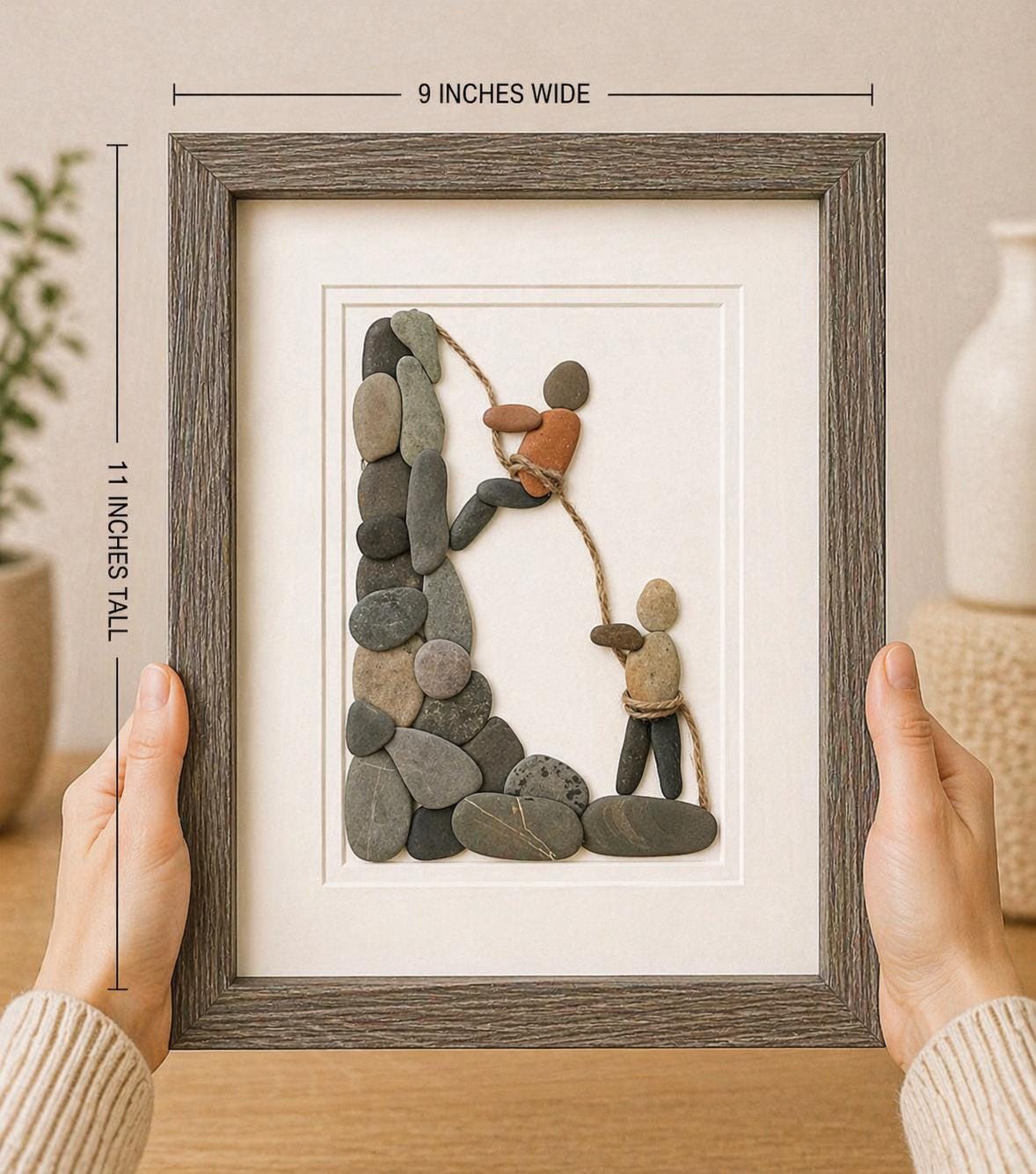 Rock Climbing Pebble Art, 8x10 Framed Original Artwork, Perfect Gift for Rock Climber / Rappelling Art