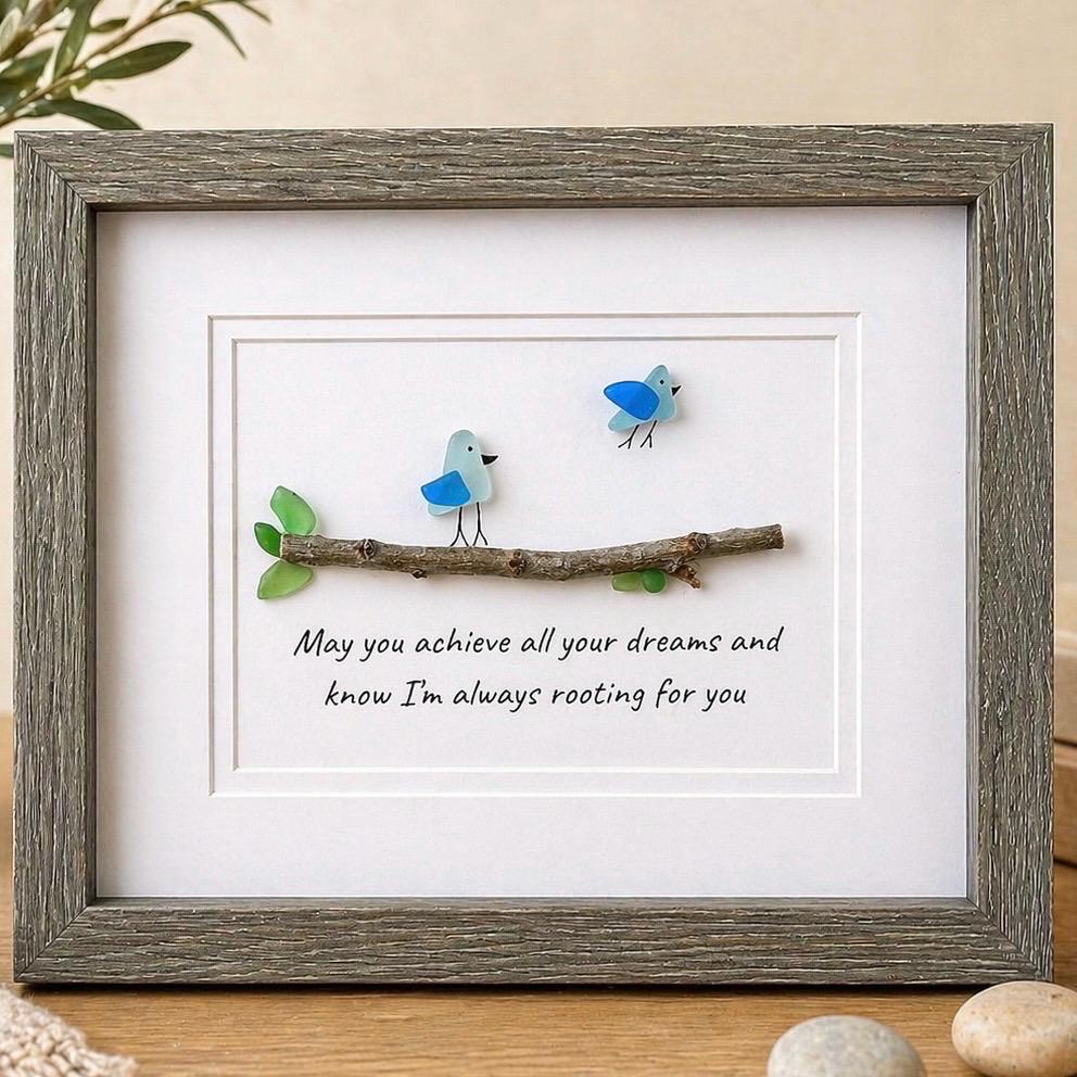 Sea Glass Birds Art, Inspirational Gift "Achieve Your Dreams", 8x10 Framed