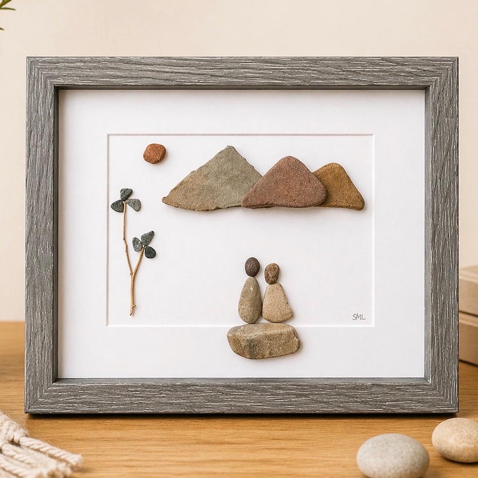 Couple in the Mountains Framed Pebble Art, 8 x 10 Unique Handmade Gift