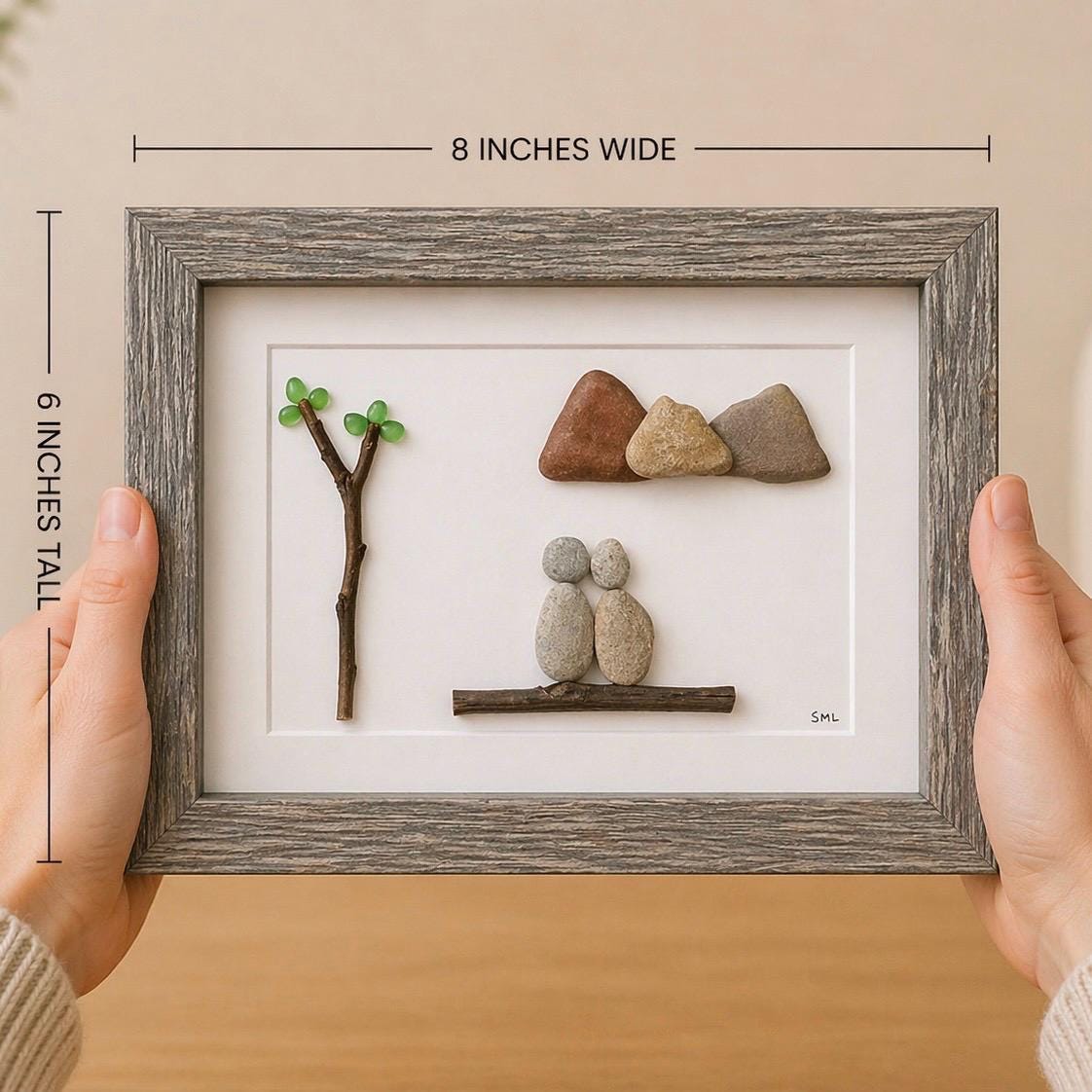 Couple in the Mountains Framed Pebble Art, 8 x 10 Unique Handmade Gift