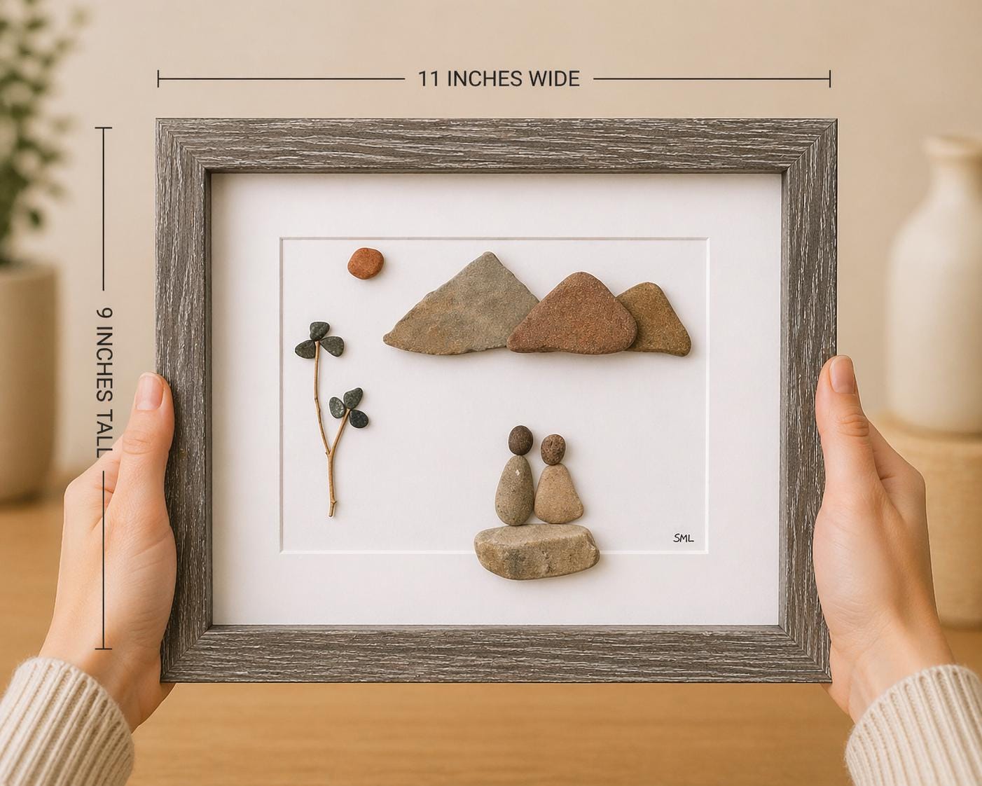 Couple in the Mountains Framed Pebble Art, 8 x 10 Unique Handmade Gift