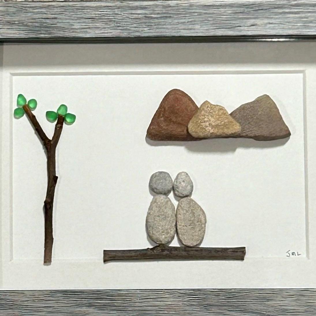 Couple in the Mountains Framed Pebble Art, 8 x 10 Unique Handmade Gift