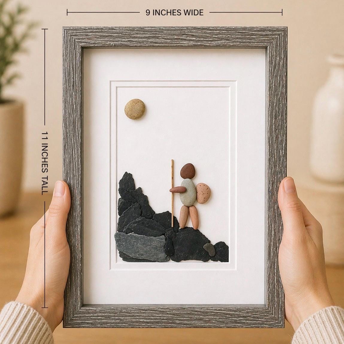 Hiker Enjoying Solo Hike | Handmade Pebble Art | Hiking Picture | Perfect Gift for Hiker | Outdoorsman | Birthday Gift | 8x10 Pebble Art