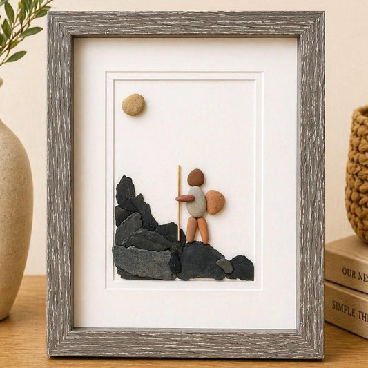 Hiker Enjoying Solo Hike | Handmade Pebble Art | Hiking Picture | Perfect Gift for Hiker | Outdoorsman | Birthday Gift | 8x10 Pebble Art