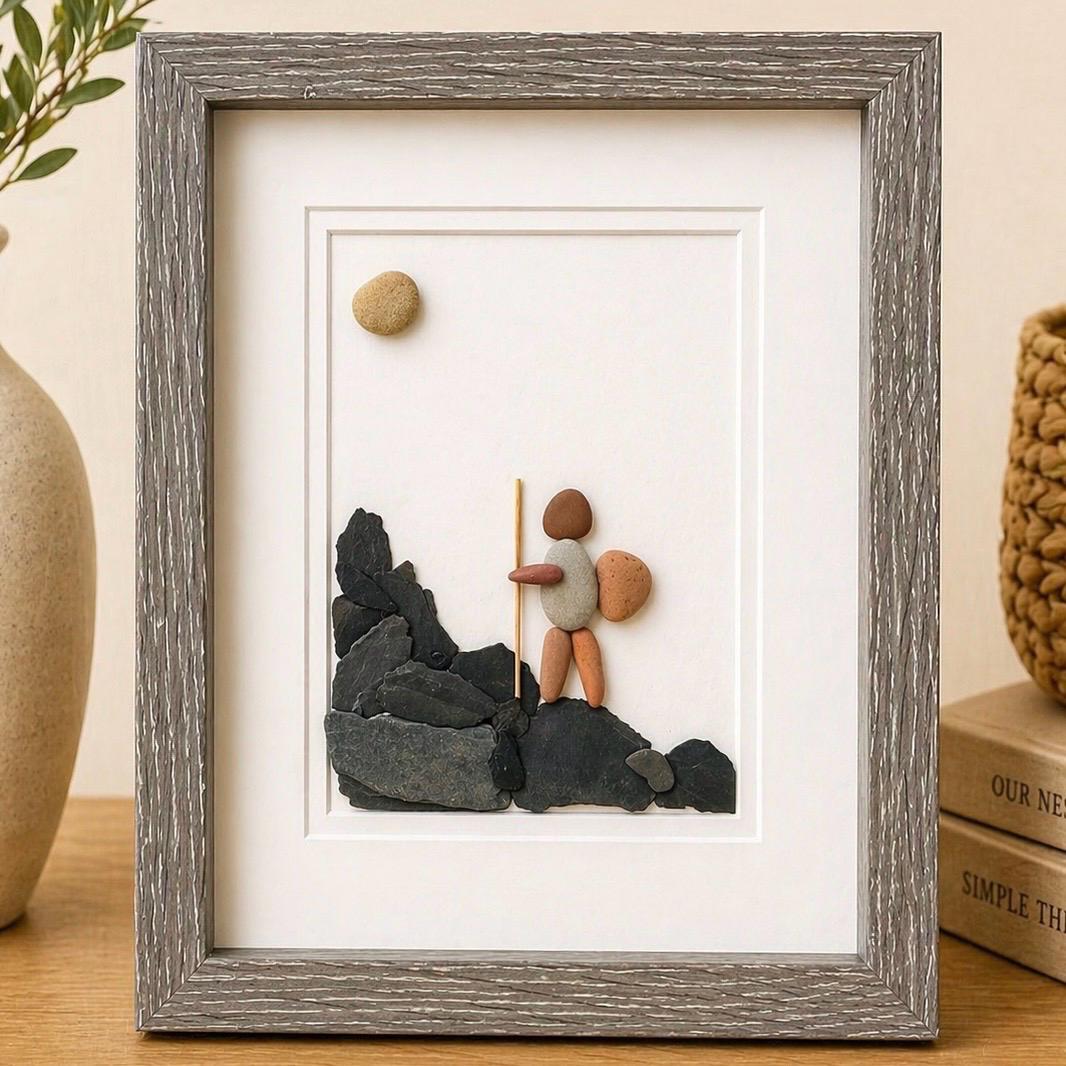 Hiker Enjoying Solo Hike | Handmade Pebble Art | Hiking Picture | Perfect Gift for Hiker | Outdoorsman | Birthday Gift | 8x10 Pebble Art