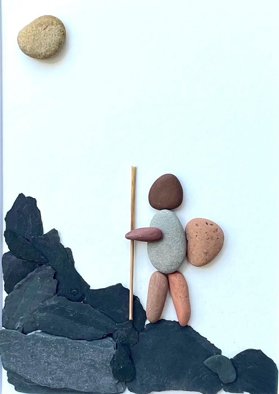 Hiker Enjoying Solo Hike 8 x 10 Framed Handmade Pebble Art, Hiking Picture, Perfect Gift