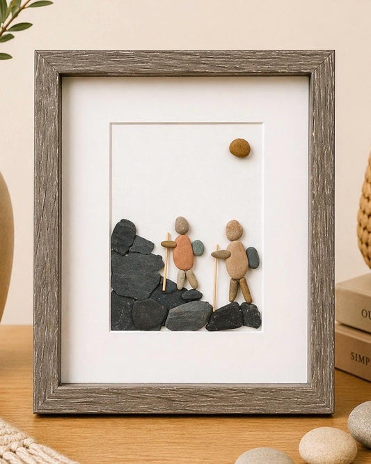 Couple of Hikers | Mountain Views | Hiking Art | Art for Hiker | Framed Unique Handmade Pebble Art Gift | 8x10 Pebble Art