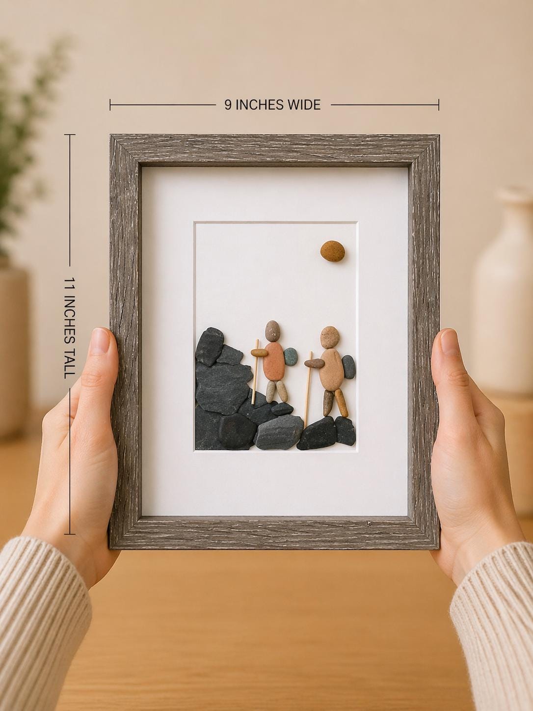 Couple of Hikers 8 x 10 Framed Handmade Pebble Art, Hiking Art, Hiking Gift