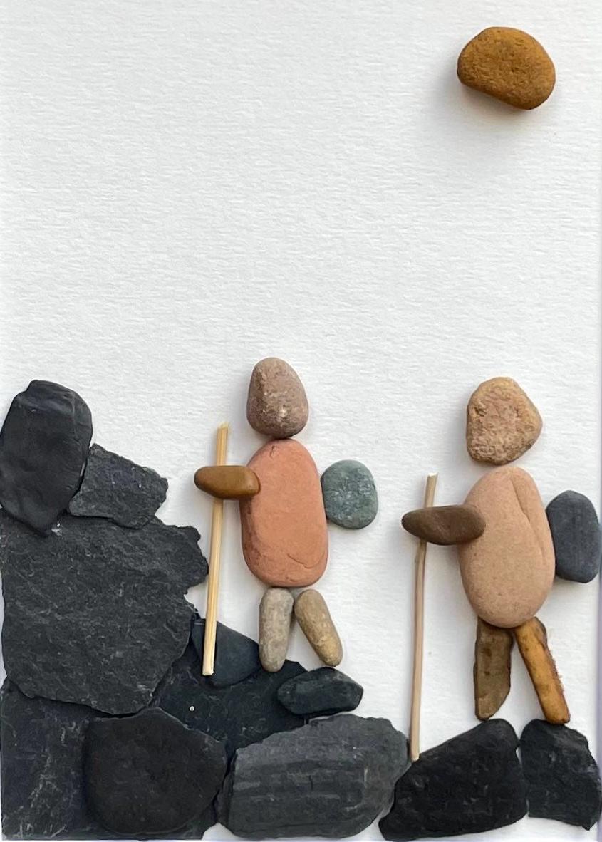 Couple of Hikers 8 x 10 Framed Handmade Pebble Art, Hiking Art, Hiking Gift