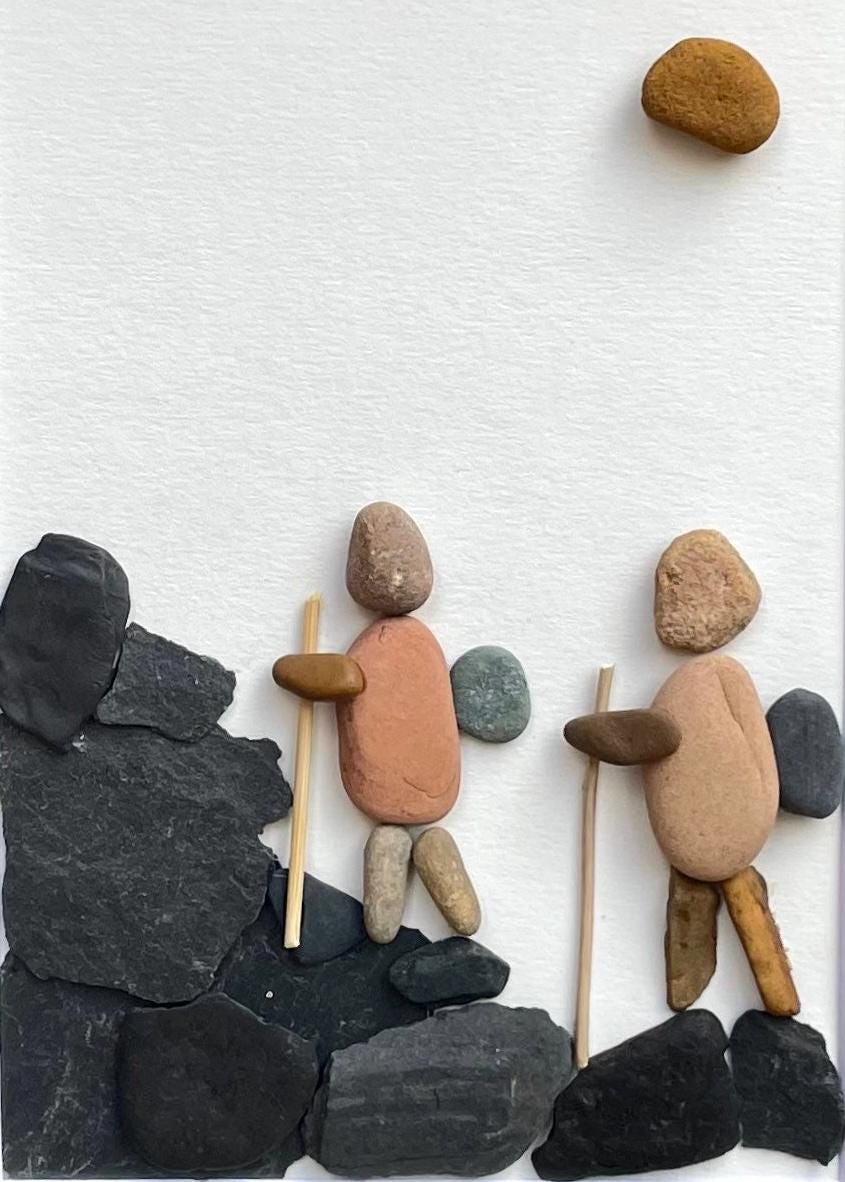 Couple of Hikers | Mountain Views | Hiking Art | Art for Hiker | Framed Unique Handmade Pebble Art Gift | 8x10 Pebble Art