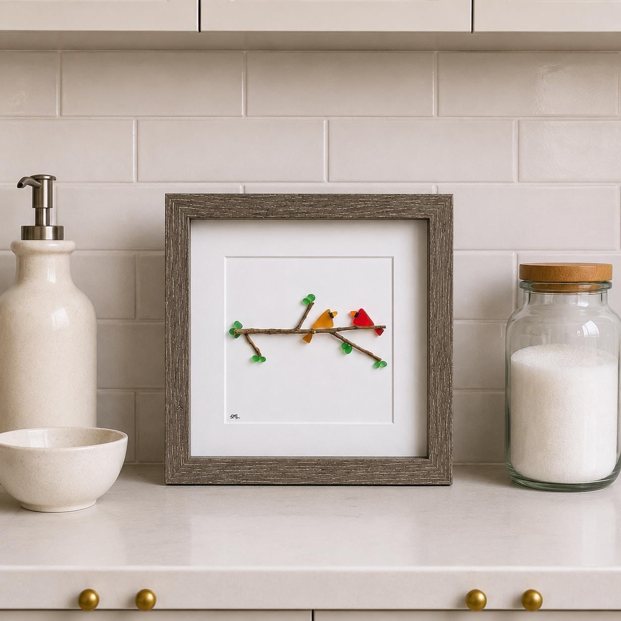 Sea Glass Cardinal Wall Art | Framed Bird Art | Memorial Gift