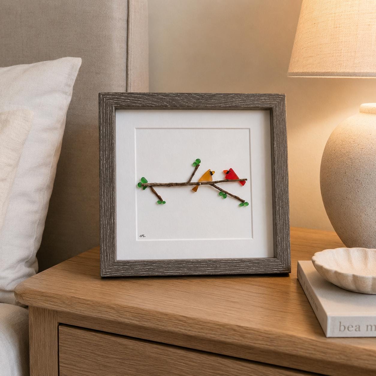 Sea Glass Cardinal Wall Art | Framed Bird Art | Memorial Gift