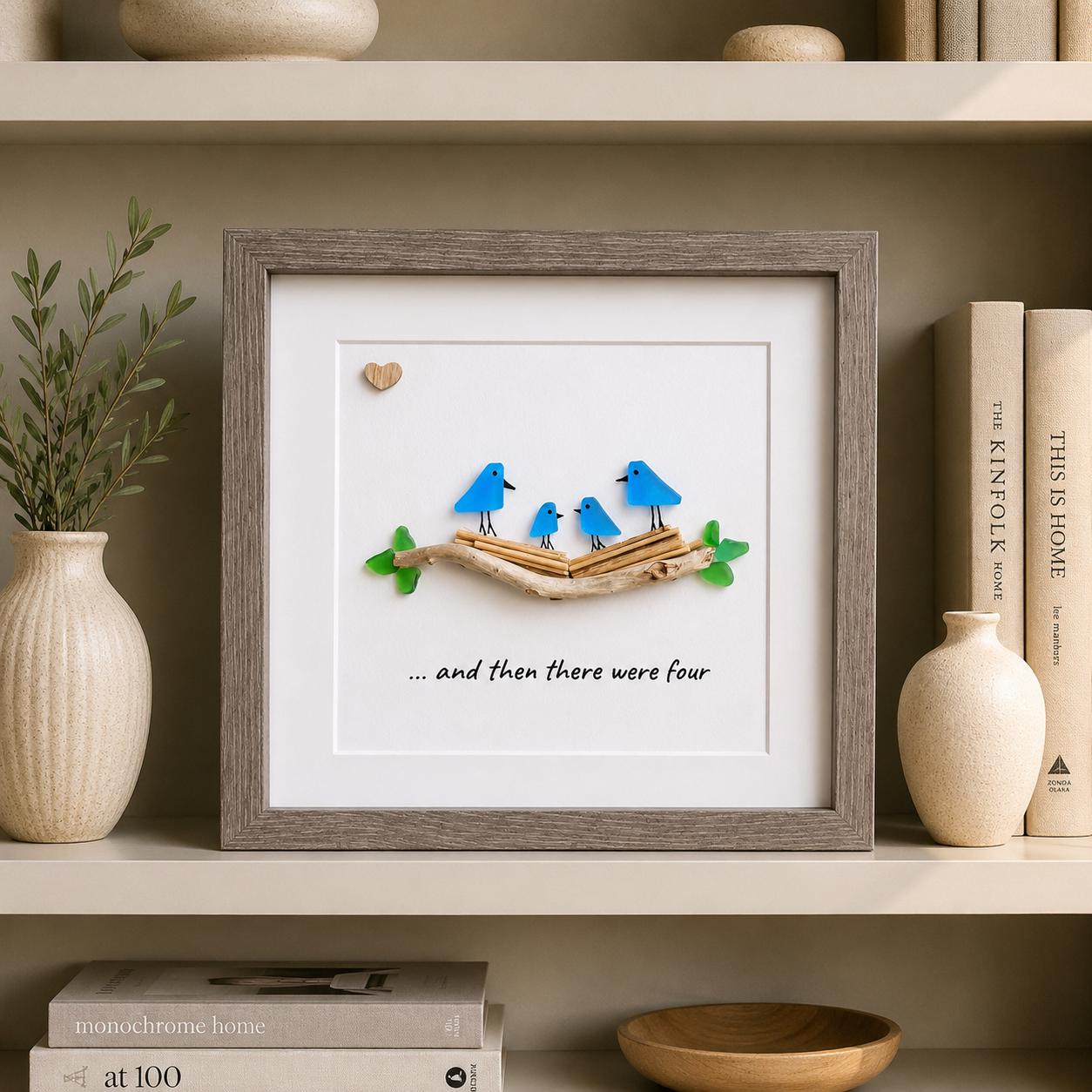 Sea Glass Bird Family of Four, 8x8 Personalized Framed Picture, New Baby Gift, Mother’s Day Gift, Handmade Artwork, New Parents Gift