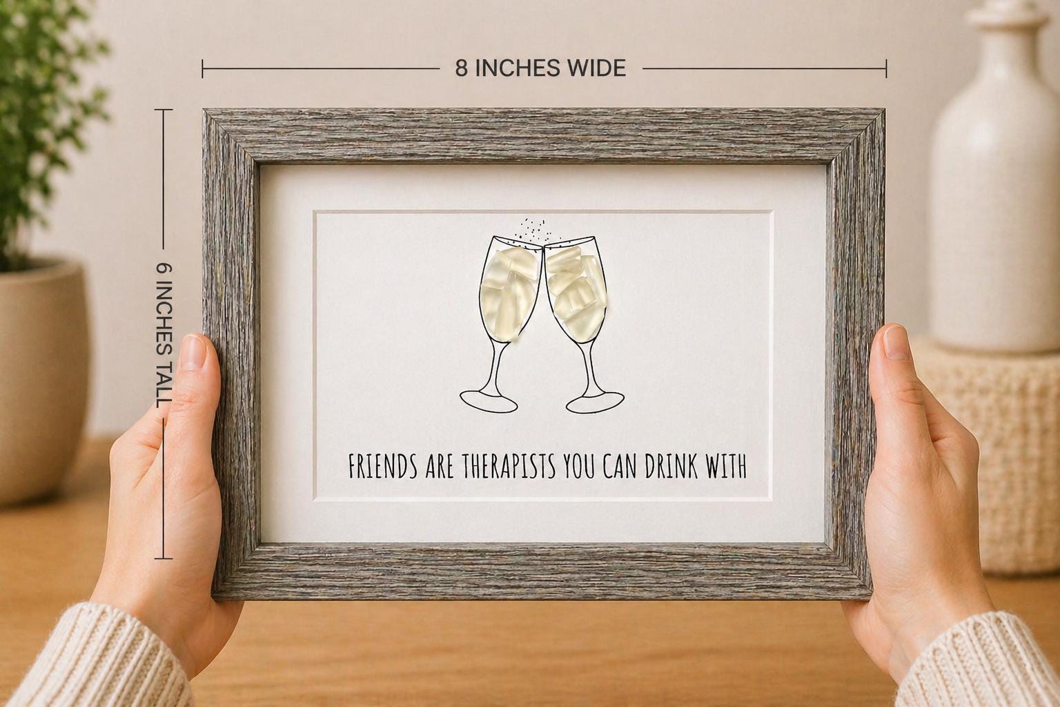 Funny Sea Glass Art, Friends Are Therapists, Champagne, Prosecco, Framed 5x7