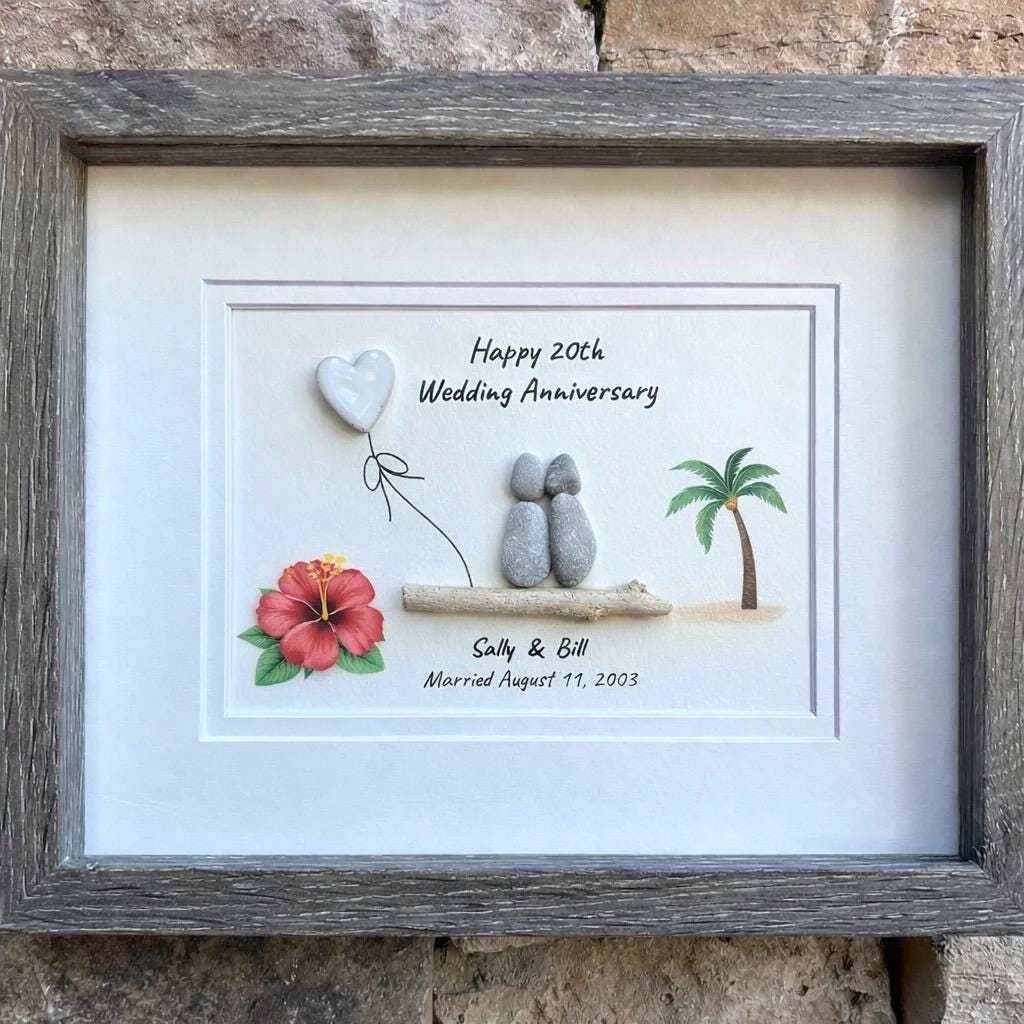 Personalized Hawaii Anniversary Gift, Custom Beach Pebble Art, Tropical Wedding Gift, Coastal Decor, Couple Portrait
