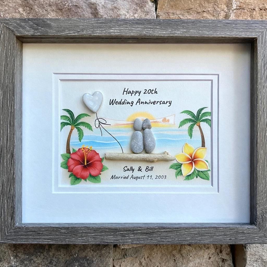 Personalized Hawaii Anniversary Gift, Custom Beach Pebble Art, Tropical Wedding Gift, Coastal Decor, Couple Portrait