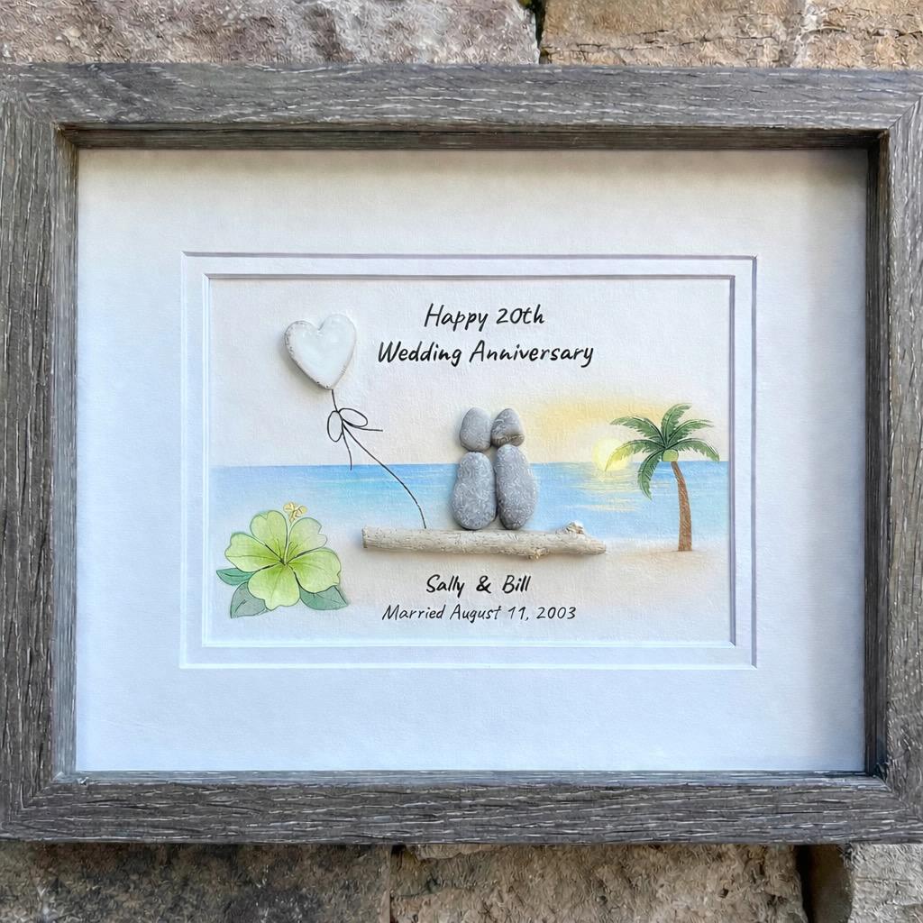 Personalized Hawaii Anniversary Gift, Custom Beach Pebble Art, Tropical Wedding Gift, Coastal Decor, Couple Portrait