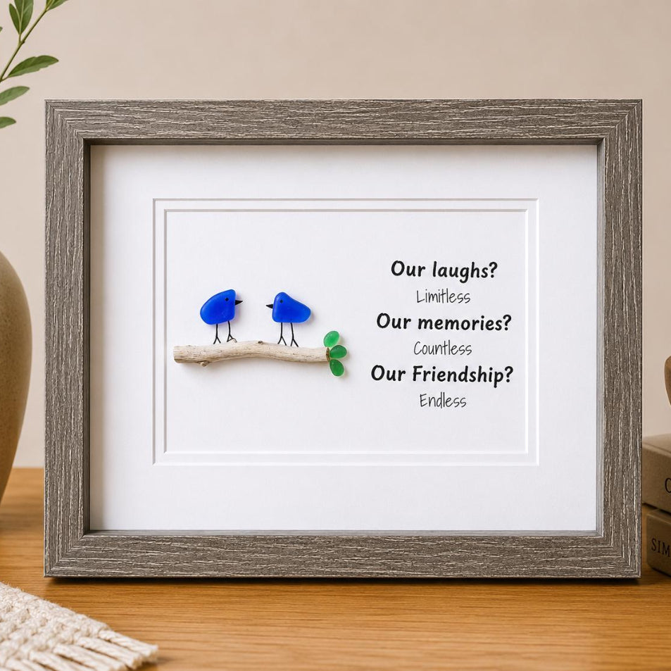 Laughs, Memories and Friendship | Two Birds on a Branch | Minimalist Beach Decor | Gift for Friend | Friendship Saying | 8x10 Sea Glass Art
