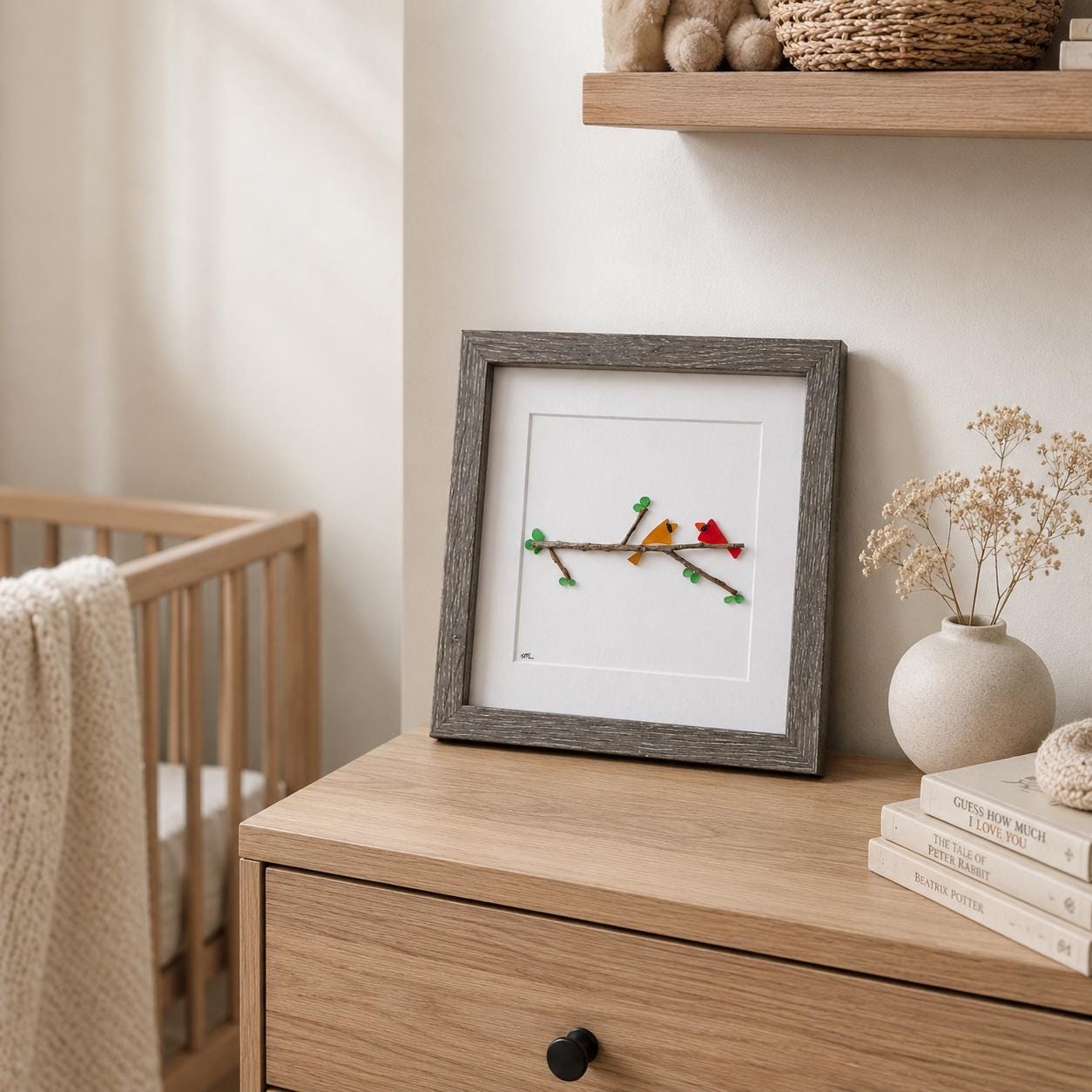 Sea Glass Cardinal Wall Art | Framed Bird Art | Memorial Gift