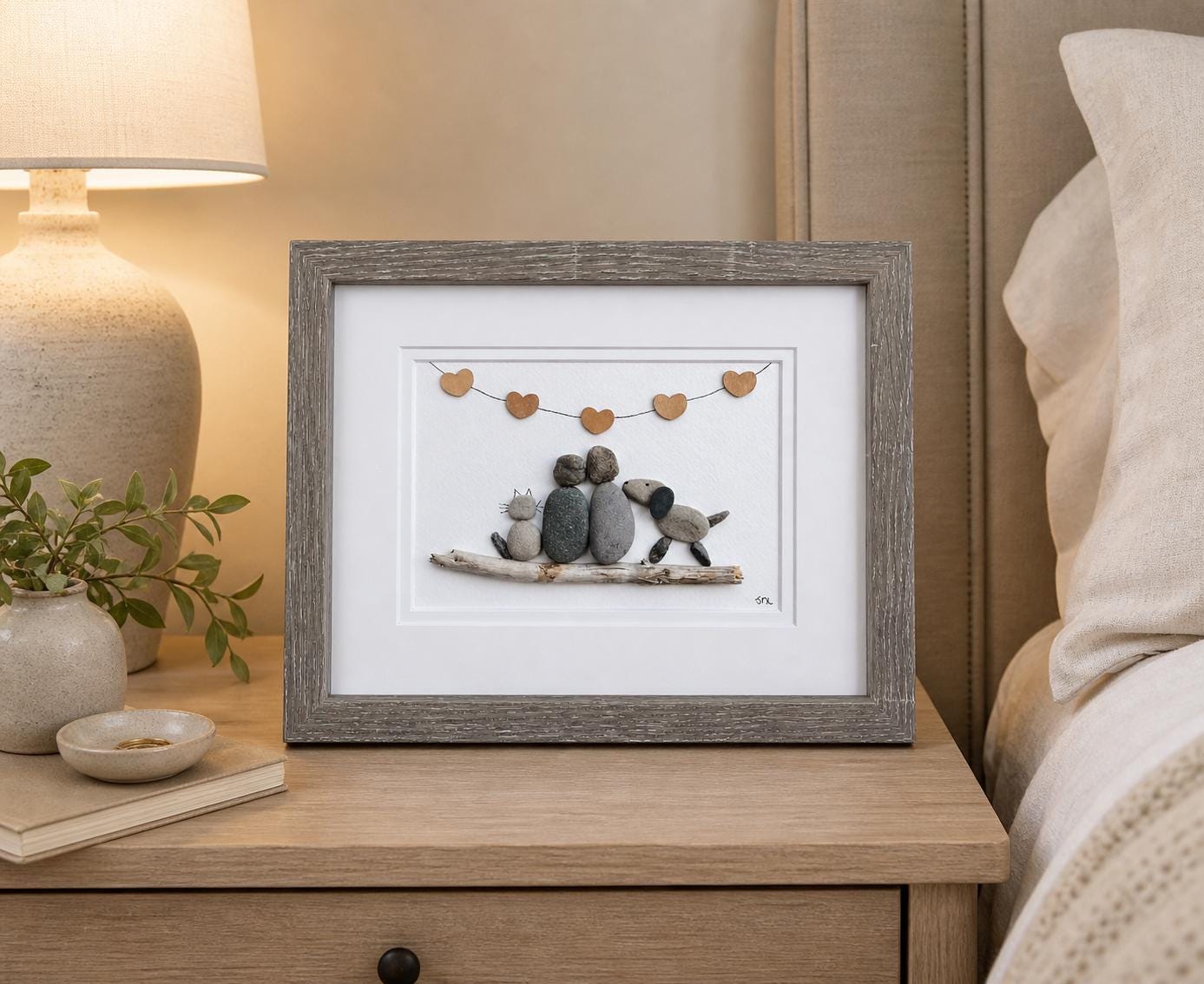 Couple with Cat and Dog | Gift for Animal Lovers, Pet Owners | Cat Art | Dog Art | Couple with Cat and Dog Pebble Art | 8x8 Pebble Art