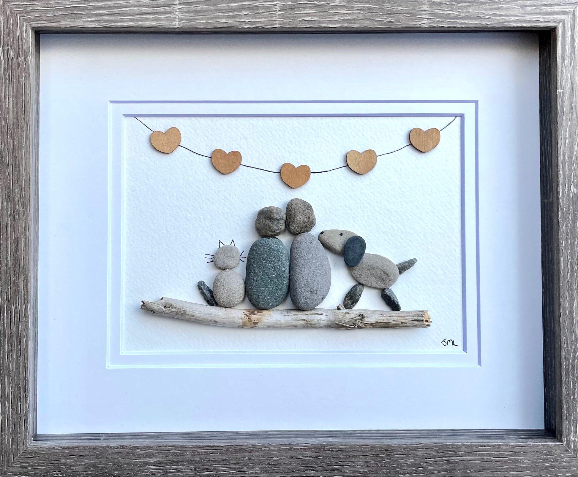 Couple with Cat and Dog | Gift for Animal Lovers, Pet Owners | Cat Art | Dog Art | Couple with Cat and Dog Pebble Art | 8x8 Pebble Art