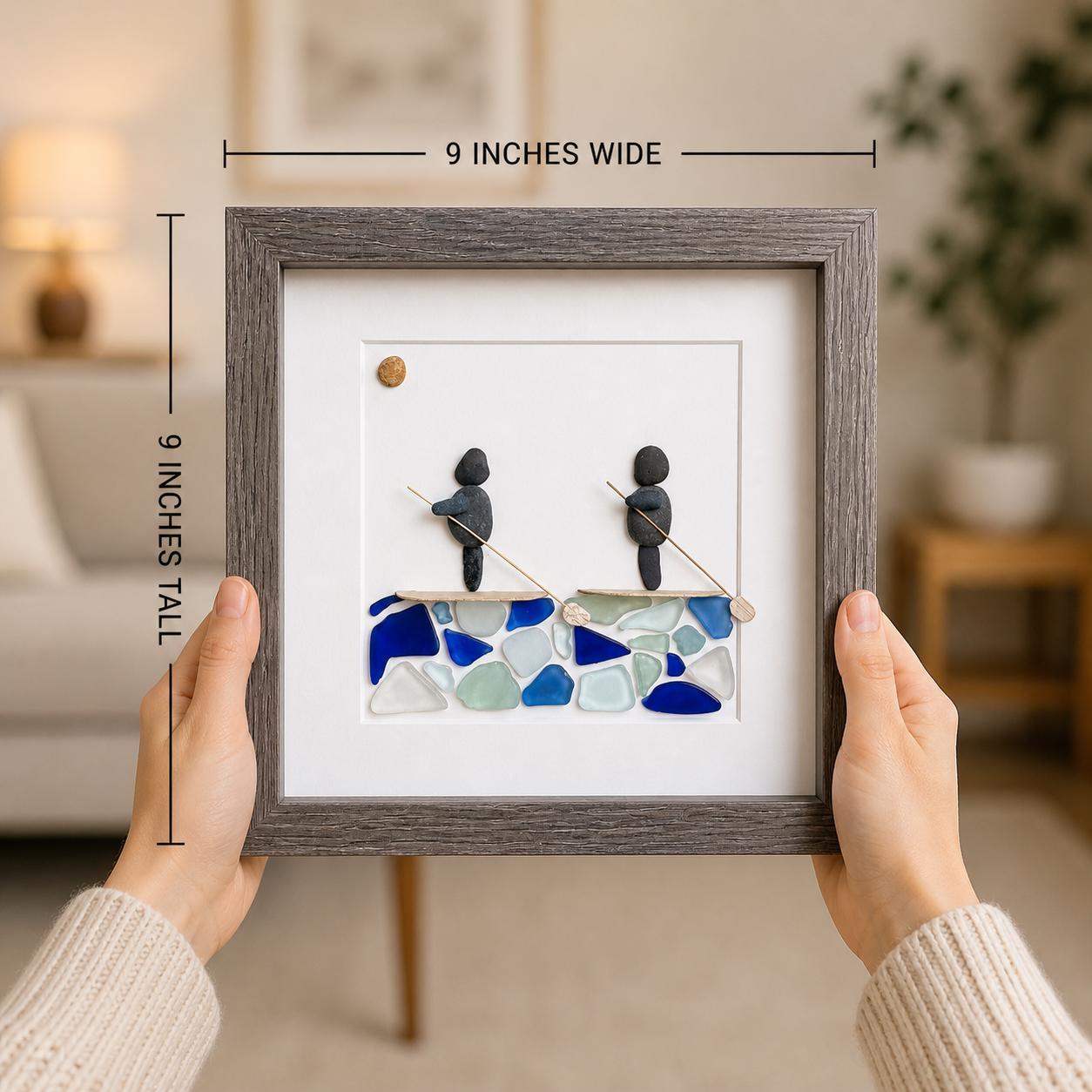 Paddle Boarders Framed 9x9 Sea Glass & Pebble Artwork, Handmade Gift for Couple or Friends