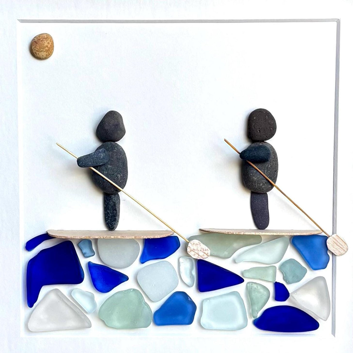 Paddle Boarders with Blue Water. Framed 9x9 Sea Glass & Pebble Artwork, Handmade Gift for Couple or Friends