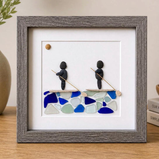 Paddle Boarders with Blue Water. Framed 9x9 Sea Glass & Pebble Artwork, Handmade Gift for Couple or Friends