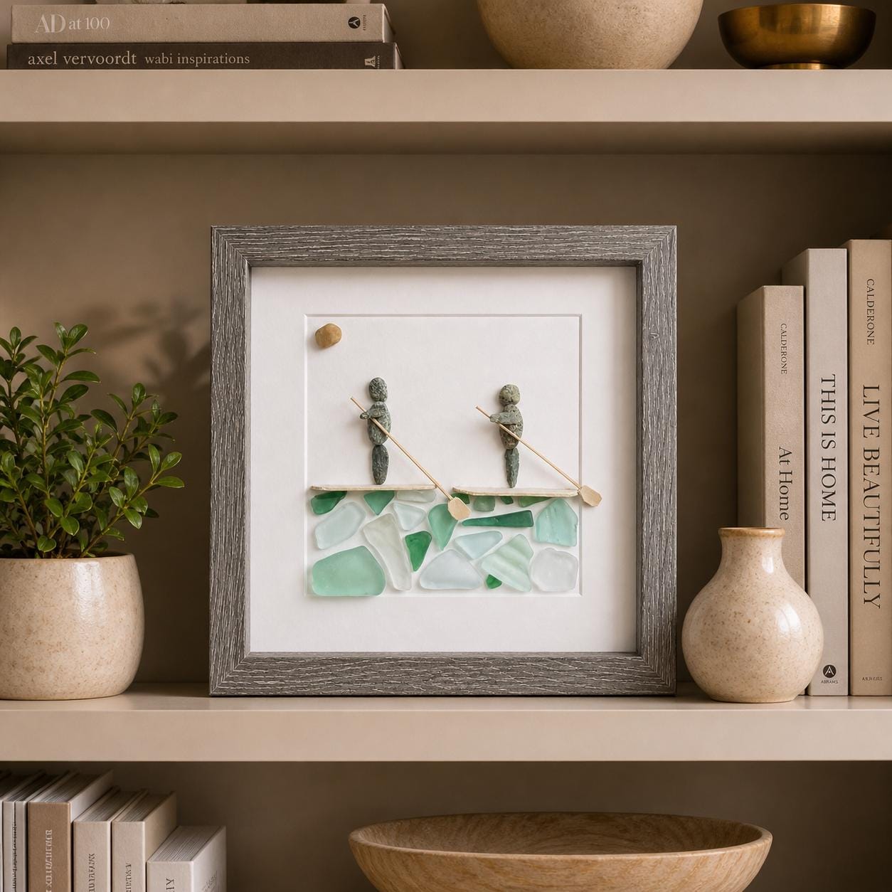 Paddle Boarders Framed 9x9 Sea Glass & Pebble Artwork, Handmade Gift for Couple or Friends