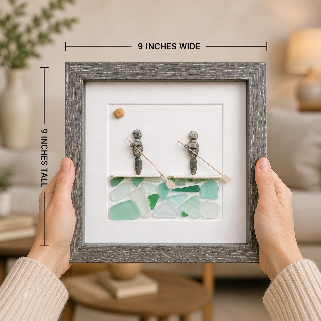 Paddle Boarders Framed 9x9 Sea Glass & Pebble Artwork, Handmade Gift for Couple or Friends