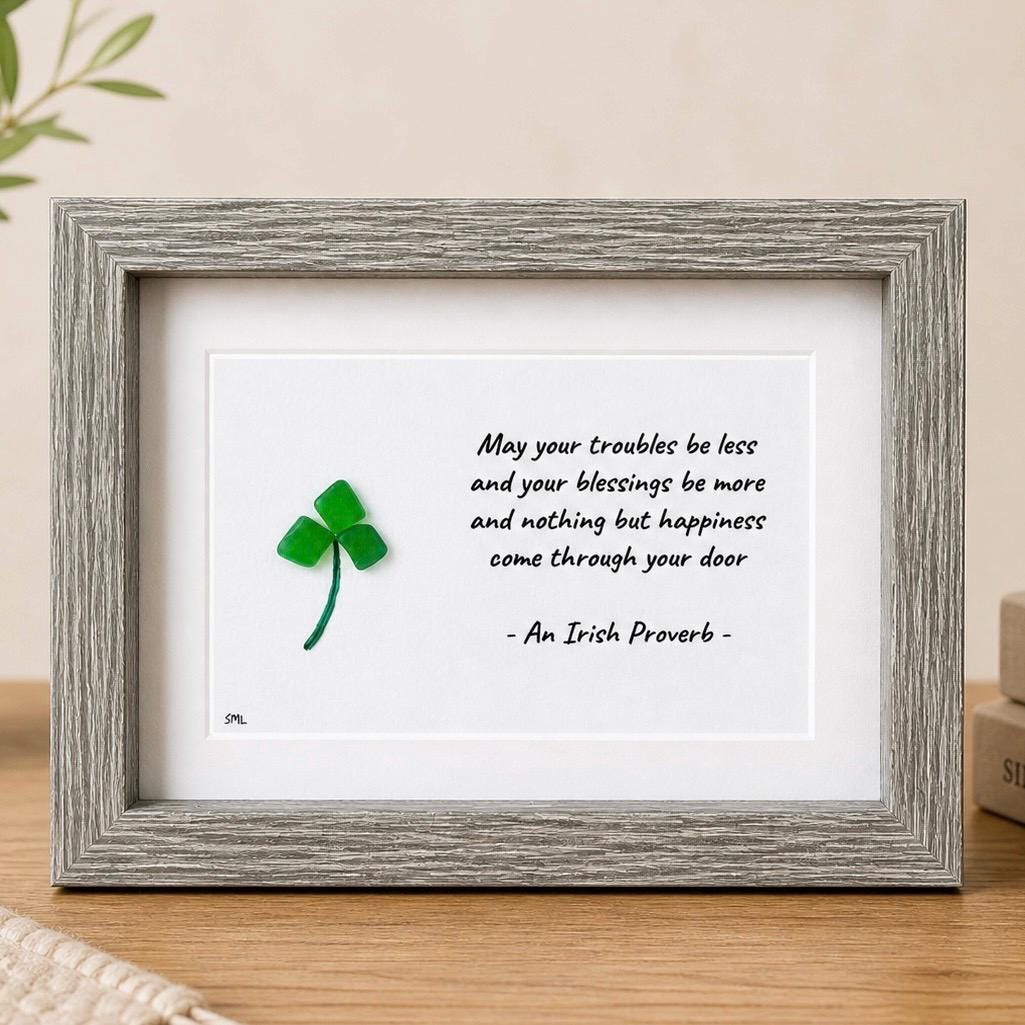 Irish Blessing | "May Your Troubles Be Less..." Shamrock Sea Glass Art, 5x7 Framed Picture, St Patrick’s Day, Ireland