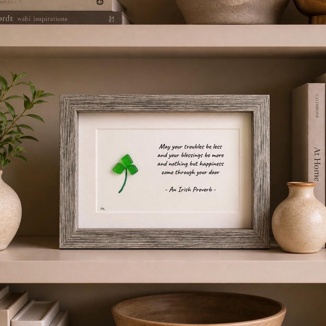 Irish Blessing | "May Your Troubles Be Less..." Shamrock Sea Glass Art, 5x7 Framed Picture, St Patrick’s Day, Ireland