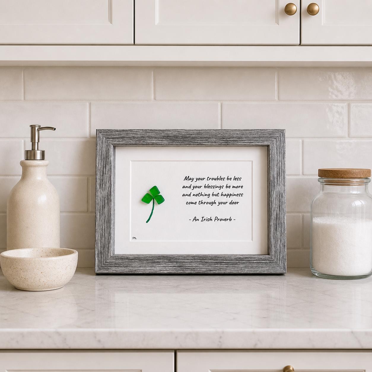 Irish Blessing | "May Your Troubles Be Less..." Shamrock Sea Glass Art, 5x7 Framed Picture, St Patrick’s Day, Ireland