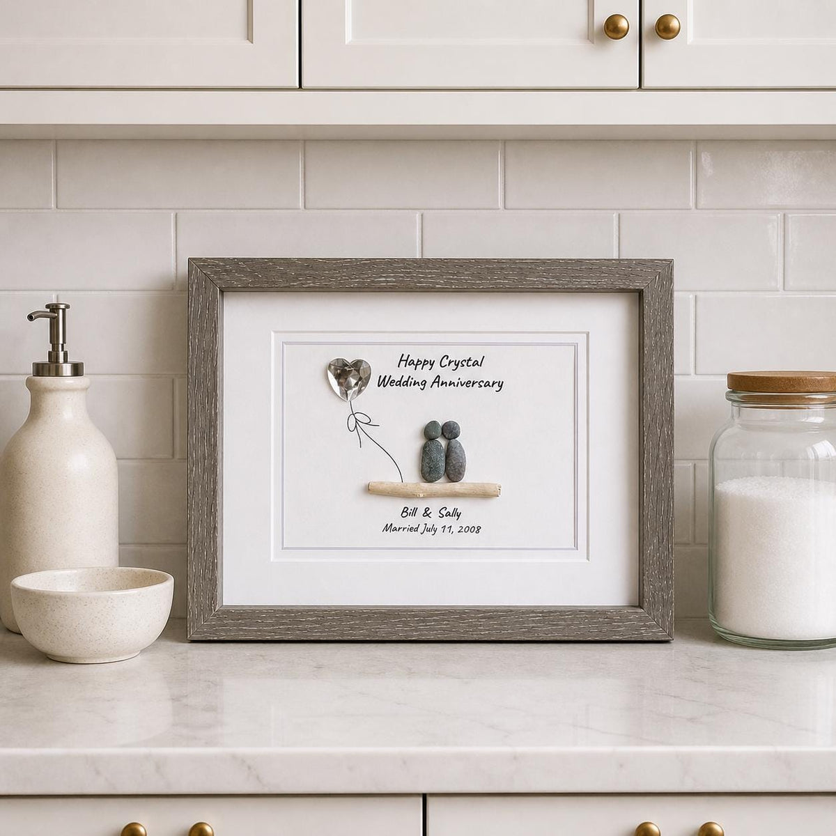 15th Wedding Anniversary Personalized Gift, Crystal Anniversary Pebble Art, 8x10 Framed Anniversary Gift for Wife, Husband, Parents
